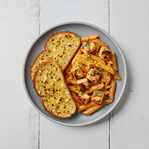 Smokey butter chicken pasta with Chili garlic bread slice